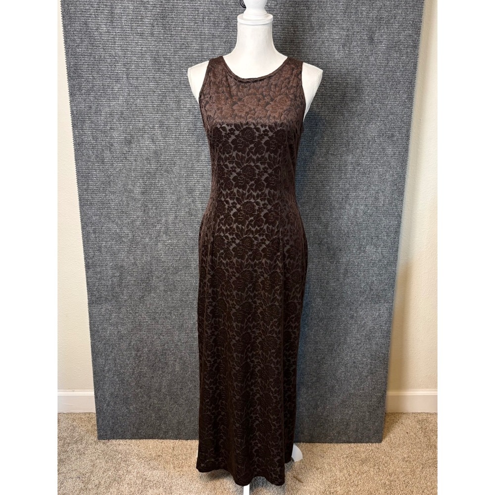 Forever 21 Vintage Brown Velvet Burnout Floral Maxi Dress Womens Large Y2K Goth